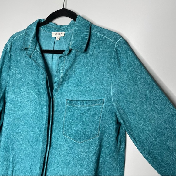 Umgee Button Down Linen Boyfriend Shirt Frayed Hem Mineral Wash Teal Blue Size M - Picture 2 of 5